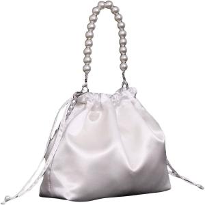 imageVerdusa Womens Satin Evening Bag Pearl Drawstring Handbag Clutch PurseWhite