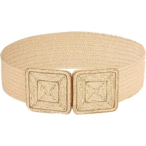 imageVerdusa Womens Symmetrical Buckle Straw Belts Wide Belt Elastic WaistbandBeige