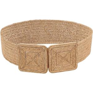 imageVerdusa Womens Symmetrical Buckle Straw Belts Wide Belt Elastic WaistbandKhaki