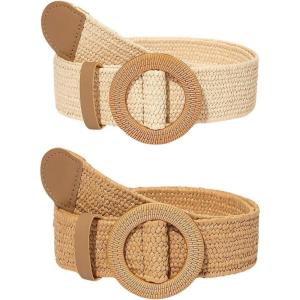imageVerdusa Womens 2 Pack Buckle Elastic Straw Belts Boho Waist BeltBeige Khaki