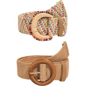 imageVerdusa Womens 2 Pack Buckle Elastic Straw Belts Boho Waist BeltBrown Multi