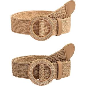 imageVerdusa Womens 2 Pack Buckle Elastic Straw Belts Boho Waist BeltKhaki and Brown