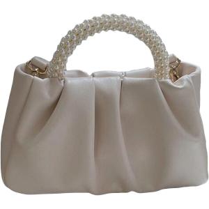 imageVerdusa Womens Evening Purses Pearl Clutch Handbags Leather Ruched Crossbody BagBeige