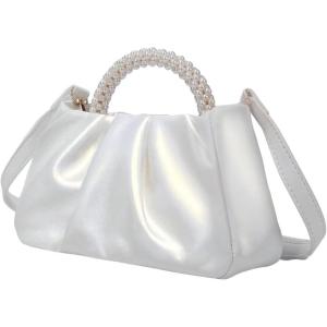 imageVerdusa Womens Evening Purses Pearl Clutch Handbags Leather Ruched Crossbody BagWhite