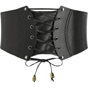 imageVerdusa Womens Leather Corset Belts Lace Up Tied Waspie Belt Retro Waist Cinch BeltBlack