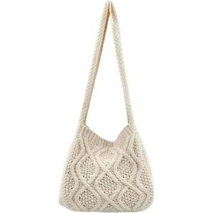 imageVerdusa Womens Crochet Shoulder HandBags Hobo Knitted Tote Bag Shopping BagsBeige