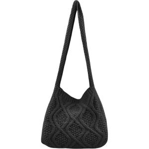 imageVerdusa Womens Crochet Shoulder HandBags Hobo Knitted Tote Bag Shopping BagsBlack