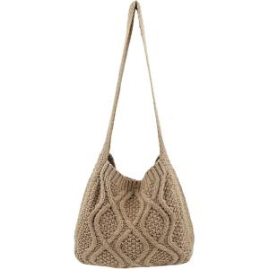 imageVerdusa Womens Crochet Shoulder HandBags Hobo Knitted Tote Bag Shopping BagsKhaki