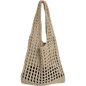 imageVerdusa Womens Hollow Out Knit Tote Handbags Crochet Shoulder BagKhaki