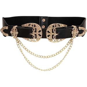 imageVerdusa Womens Double Buckle Chain Cowgirl Belts Leather Elastic Waist BeltBlack