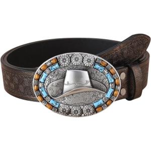 imageVerdusa Womens Floral Embroidery Square Buckle Leather Belts Vintage BeltBronze
