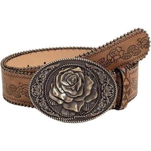 imageVerdusa Womens Floral Embroidery Square Buckle Leather Belts Vintage BeltBrown