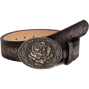 imageVerdusa Womens Floral Embroidery Square Buckle Leather Belts Vintage BeltGun Black