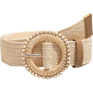 imageVerdusa Womens Round Buckle Elastic Straw Belts Boho Waist BeltBeige Beaded