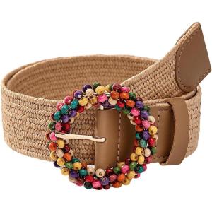 imageVerdusa Womens Round Buckle Elastic Straw Belts Boho Waist BeltBrown