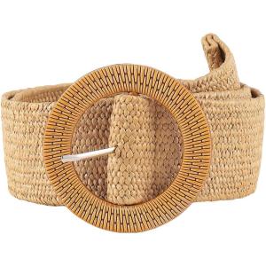 imageVerdusa Womens Round Buckle Elastic Straw Belts Boho Waist BeltCamel