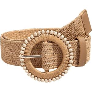 imageVerdusa Womens Round Buckle Elastic Straw Belts Boho Waist BeltKhaki Beaded