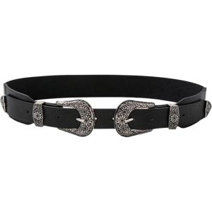 imageVerdusa Womens Vintage Western Leather Belt Double Buckle Cowgirl Waist BeltsBlack Sliver