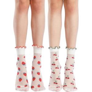 imageVerdusa Womens 2 Pairs Ruffle Socks  Sheer Mesh Thin Transparent Ankle SocksWhite Red