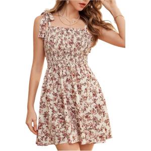 imageVerdusa Womens Floral Print Ruched Sleeveless Ruffle Hem A Line Swing Cami DressBeige and Rose Pink