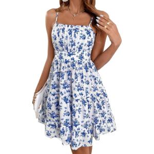 imageVerdusa Womens Floral Print Ruched Sleeveless Ruffle Hem A Line Swing Cami DressBlue and White