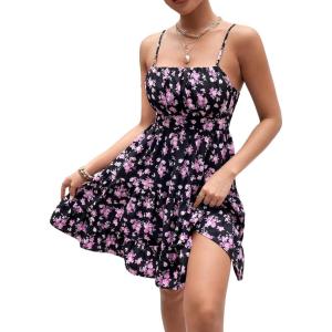 imageVerdusa Womens Floral Print Ruched Sleeveless Ruffle Hem A Line Swing Cami DressPurple and Black