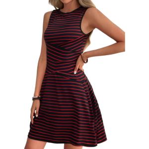 imageVerdusa Womens Casual Dresses 2025 Sleeveless Striped Mini Dress High Waisted A Line DressesRed