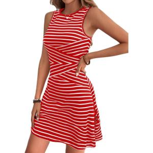 imageVerdusa Womens Casual Dresses 2025 Sleeveless Striped Mini Dress High Waisted A Line DressesRed and White