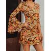 imageVerdusa Womens Floral Print Bell Long Sleeve V Neck Mini Bodycon DressBrown Yellow