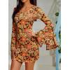 imageVerdusa Womens Floral Print Bell Long Sleeve V Neck Mini Bodycon DressBrown Yellow