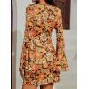 imageVerdusa Womens Floral Print Bell Long Sleeve V Neck Mini Bodycon DressBrown Yellow