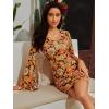 imageVerdusa Womens Floral Print Bell Long Sleeve V Neck Mini Bodycon DressBrown Yellow