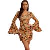 imageVerdusa Womens Floral Print Bell Long Sleeve V Neck Mini Bodycon DressBrown Yellow