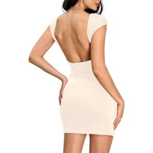 imageVerdusa Womens Backless Round Neck Cap Sleeve Bodycon Mini Clubwear DressBeige