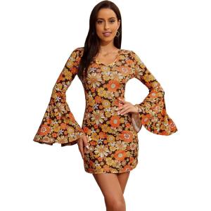 imageVerdusa Womens Floral Print Bell Long Sleeve V Neck Mini Bodycon DressBrown Yellow