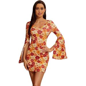 imageVerdusa Womens Floral Print Bell Long Sleeve V Neck Mini Bodycon DressYellow