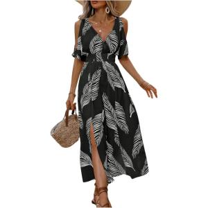 imageVerdusa Womens Summer Maxi Casual Dresses 2024 Cold Shoulder V Neck Short Sleeve DressBlack and White