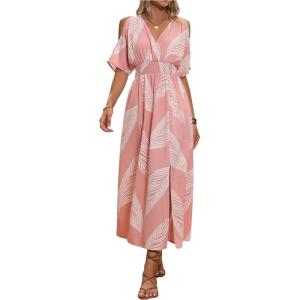 imageVerdusa Womens Summer Maxi Casual Dresses 2024 Cold Shoulder V Neck Short Sleeve DressPink