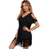 imageVerdusa Womens Cold Shoulder V Neck Fringe Hem Straight Dress Without BeltSolid Black