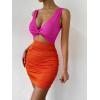 imageVerdusa Womens Colorblock Twist Cut Out Plunging Neck Sleeveless Bodycon Mini DressOrange Pink