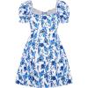 imageVerdusa Womens Milkmaid Dresses Floral Puff Short Sleeve Ruched A Line V Neck Ruffle Mini Short DressBlue White