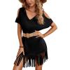 imageVerdusa Womens Cold Shoulder V Neck Fringe Hem Straight Dress Without BeltSolid Black