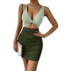 imageVerdusa Womens Colorblock Twist Cut Out Plunging Neck Sleeveless Bodycon Mini DressArmy Green