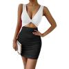 imageVerdusa Womens Colorblock Twist Cut Out Plunging Neck Sleeveless Bodycon Mini DressBlack and White