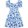 imageVerdusa Womens Milkmaid Dresses Floral Puff Short Sleeve Ruched A Line V Neck Ruffle Mini Short DressBlue White