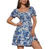 imageVerdusa Womens Milkmaid Dresses Floral Puff Short Sleeve Ruched A Line V Neck Ruffle Mini Short DressBlue and White