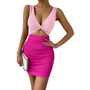 imageVerdusa Womens Colorblock Twist Cut Out Plunging Neck Sleeveless Bodycon Mini DressHot Pink