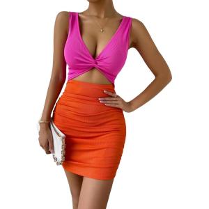 imageVerdusa Womens Colorblock Twist Cut Out Plunging Neck Sleeveless Bodycon Mini DressOrange Pink