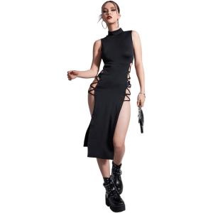 imageVerdusa Womens Crisscross High Split Mock Neck Sleeveless Midi Bodycon DressBlack