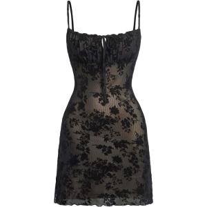 imageVerdusa Womens Floral Print Mesh Tie Front Square Neck Bodycon Cami DressBlack
